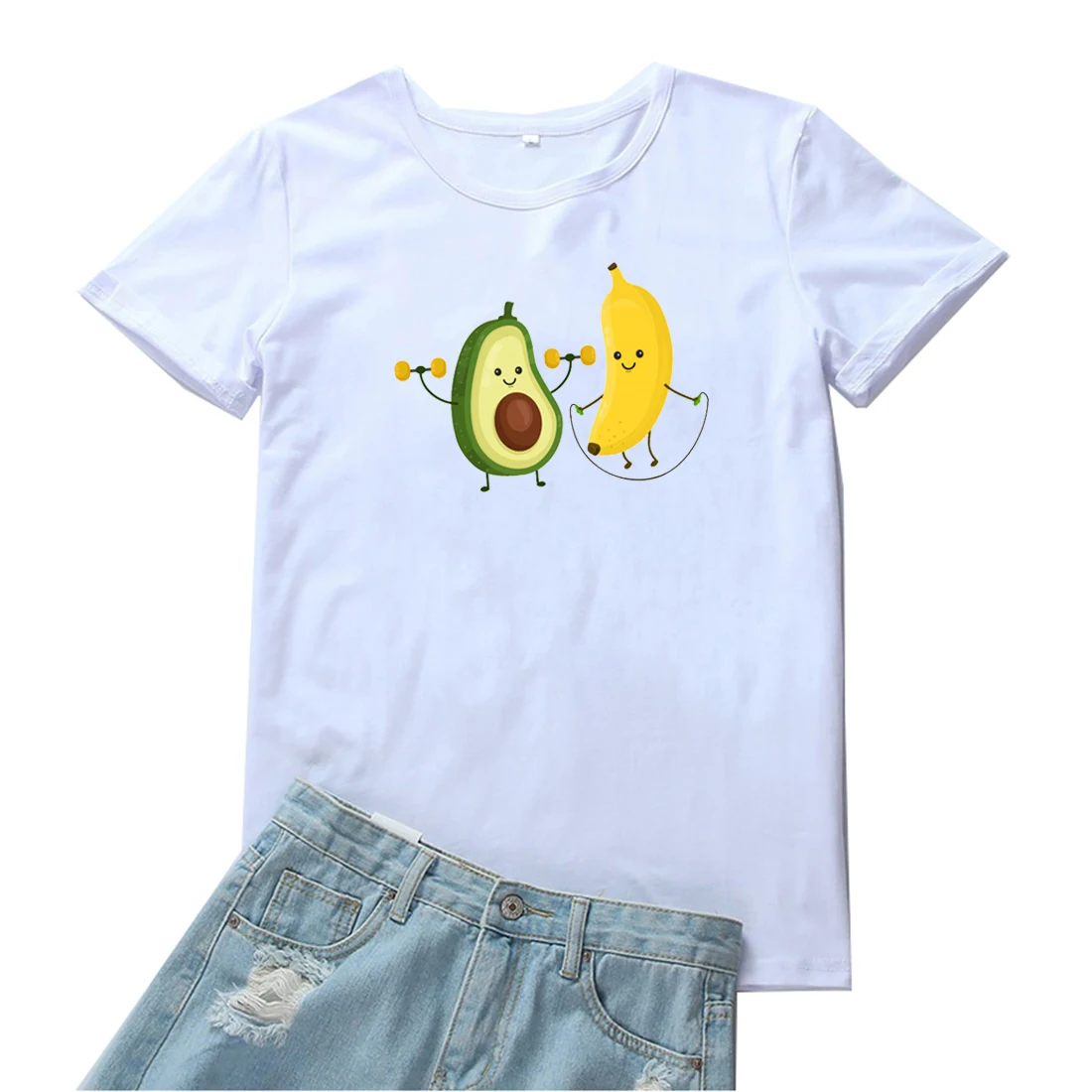 

Футболка женская с принтом авокадо и банан, милая рубашка с мультяшным рисунком для тренировок вместе, кавайный принт с подчеркивает индиви...