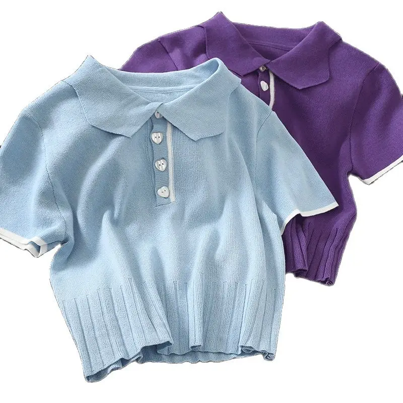 HELIAR Tees Purple Polo Shirt Women shirts Knitted Short Sleeve Casual Summer Peter pan Collar For | Женская одежда