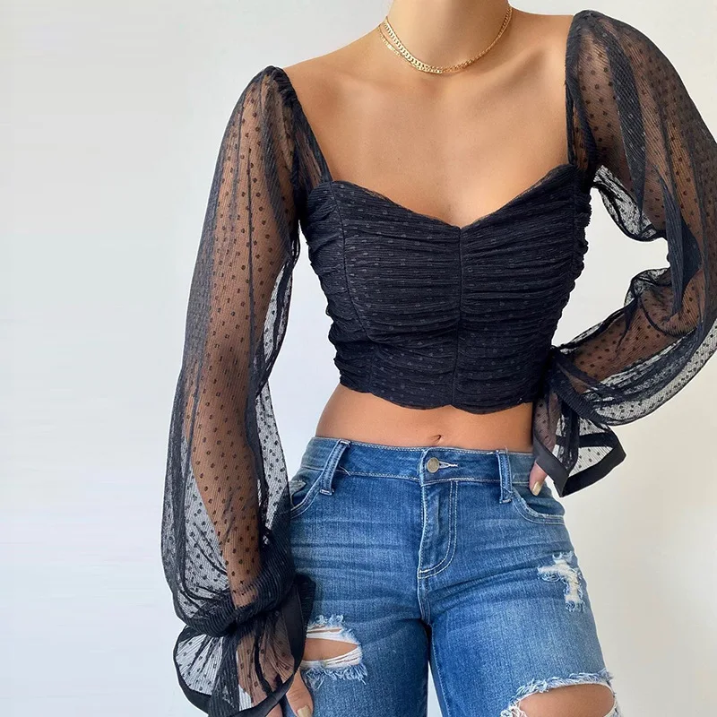 

2021 Women's Spring New Sexy Fashion Chiffon Wave Point Wrapped Chest Open Navel Short Top Chiffon Shirt Party Blouse Sexy Tops