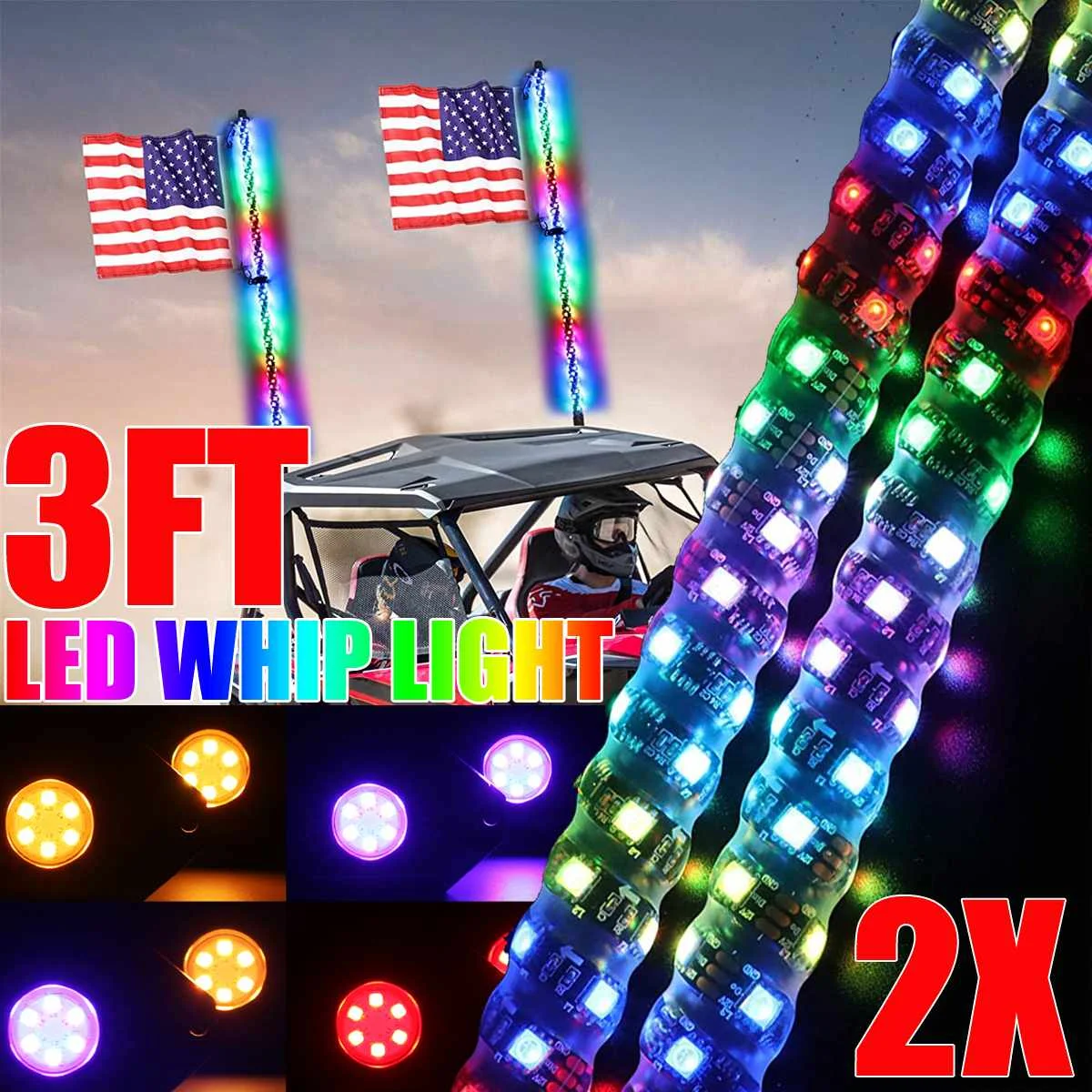 

3FT RGB Waterproof Bendable Remote Control Multi-color LED Flagpole Lamp Light Super Bright Whip Light for SUV ATV UTV, RZR