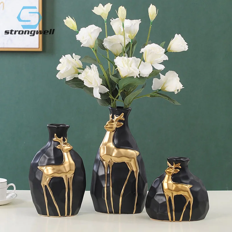 

Strongwell Nordic Elk Pattern Relief Ceramic Flower Vase Artware Home Wedding Display Decoration Living Room Furnishings Gift
