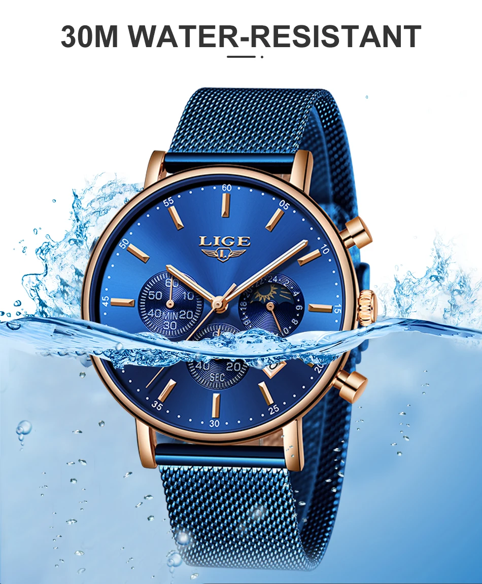 Часы наручные LIGE Мужские кварцевые модные брендовые Роскошные
