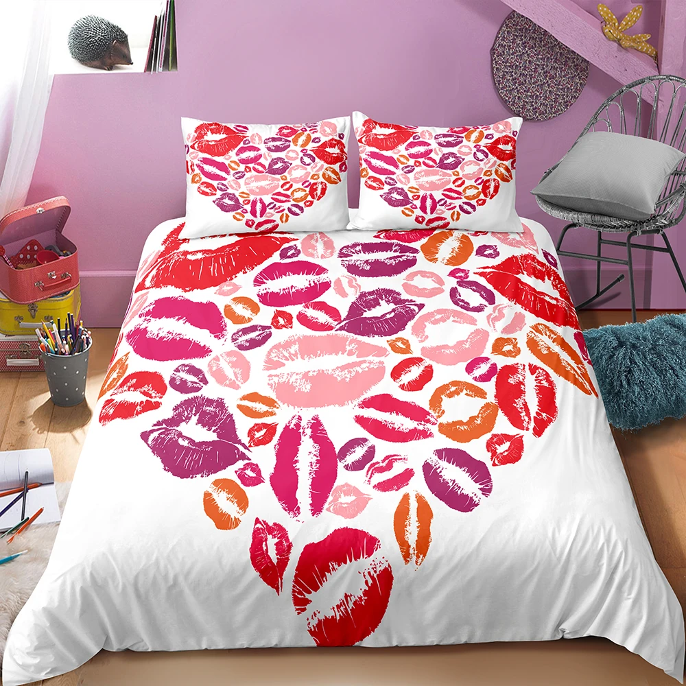 Романтическое постельное белье в форме сердца с принтом поцелуев губ