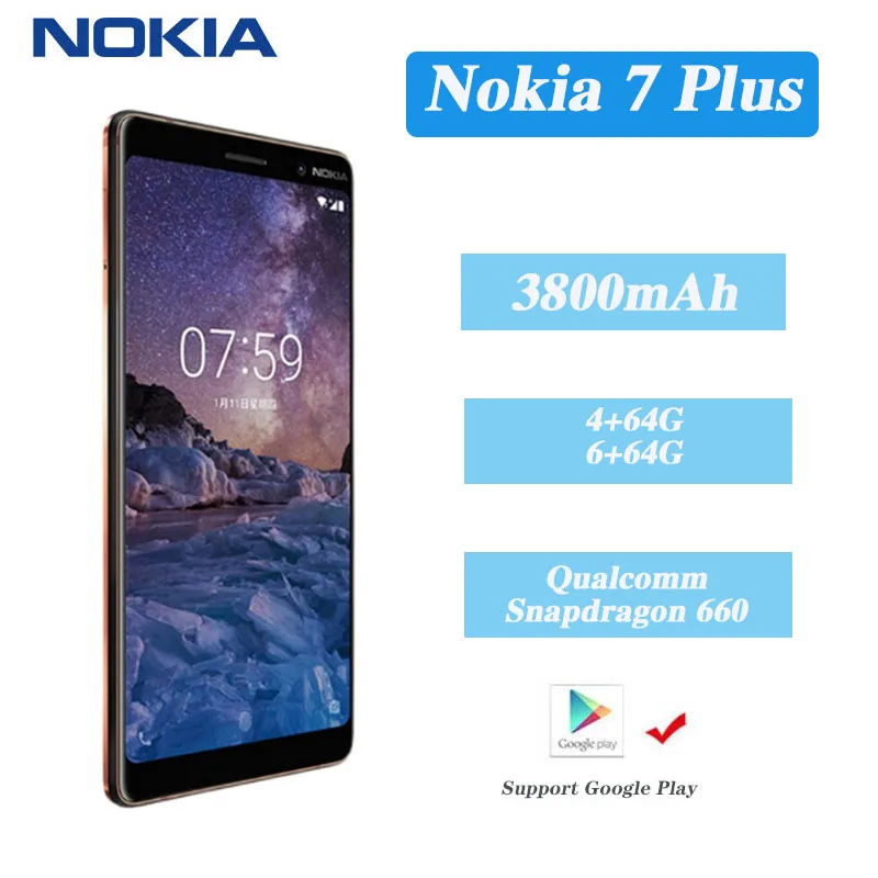 Оригинальный смартфон Nokia 7 plus Android полноэкранный две SIM-карты 4G черный 6 + 64 ГБ