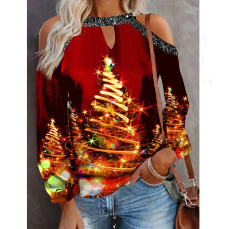 

2021 European Spring New Tree Print Sexy Off The Shoulder Large Size Top Lantern Sleeve T Christmas Dress Solid Color 2