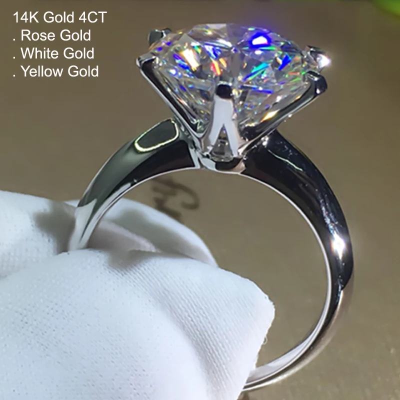 14K белое золото 4 карат Moissanite бриллиантовое кольцо женское круглое классическое