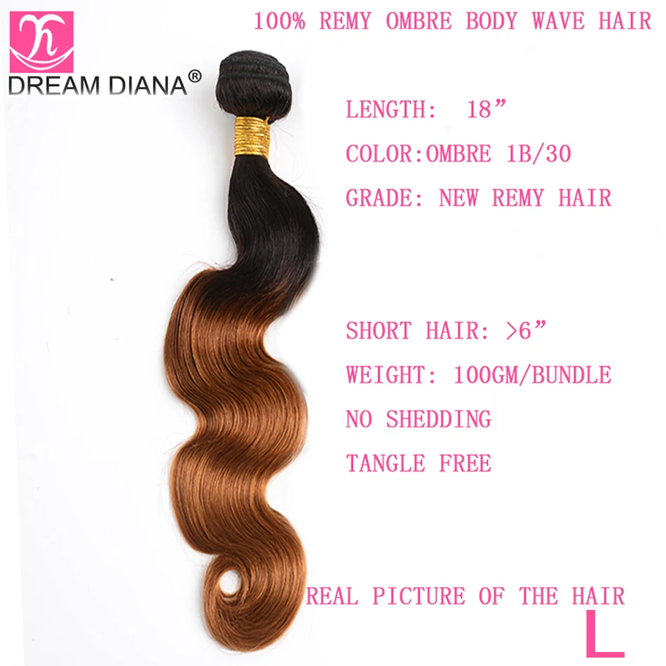 DreamDiana Ombre Малазийская волна тела с закрытием двух тонов 1B 30 1"-26" L Омбре пучки волос Remy с закрытием человеческих волос