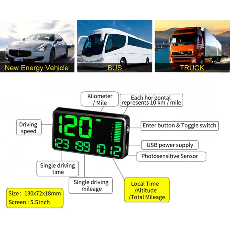 Автомобильный Hud-дисплей 5 дюймов GPS измеритель скорости C90 км/ч для автомобиля