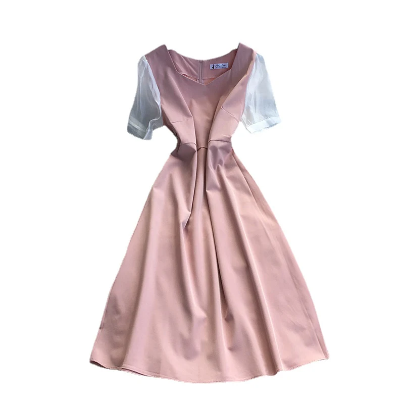 

YIZZHOY New Summer Female Elegant Short Sleeve A-line Bandage Lady Dresses Women Casual Square Collar High Waist Long Dresses