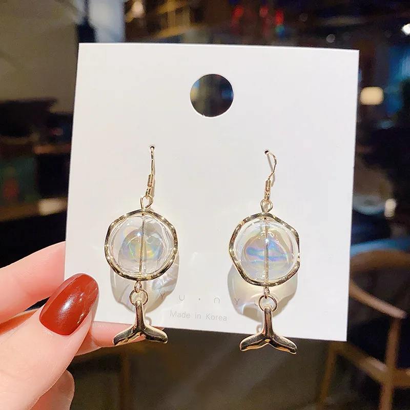 

French mermaid tears bubble fish ball stud earrings earrings female han edition joker super fairy personality ear hook earrings