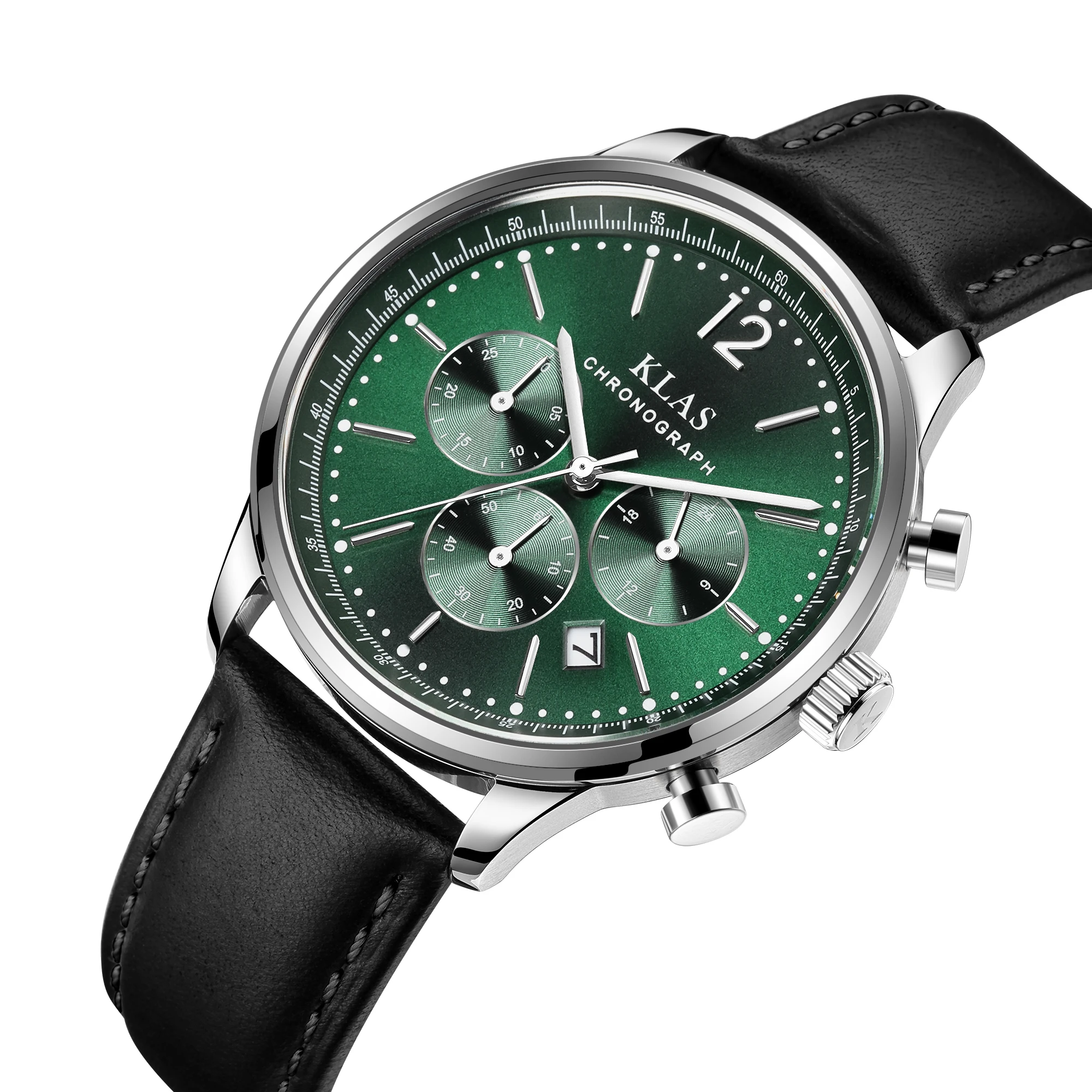 KLAS Popular Watch Strap Green Sunray Dial Quartz Movt Man Casual Watches Leather Band