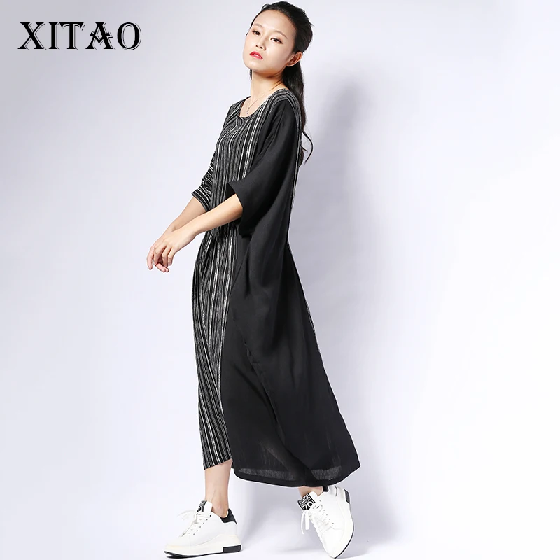 Женское платье в полоску с коротким рукавом и круглым вырезом до колена|Женские