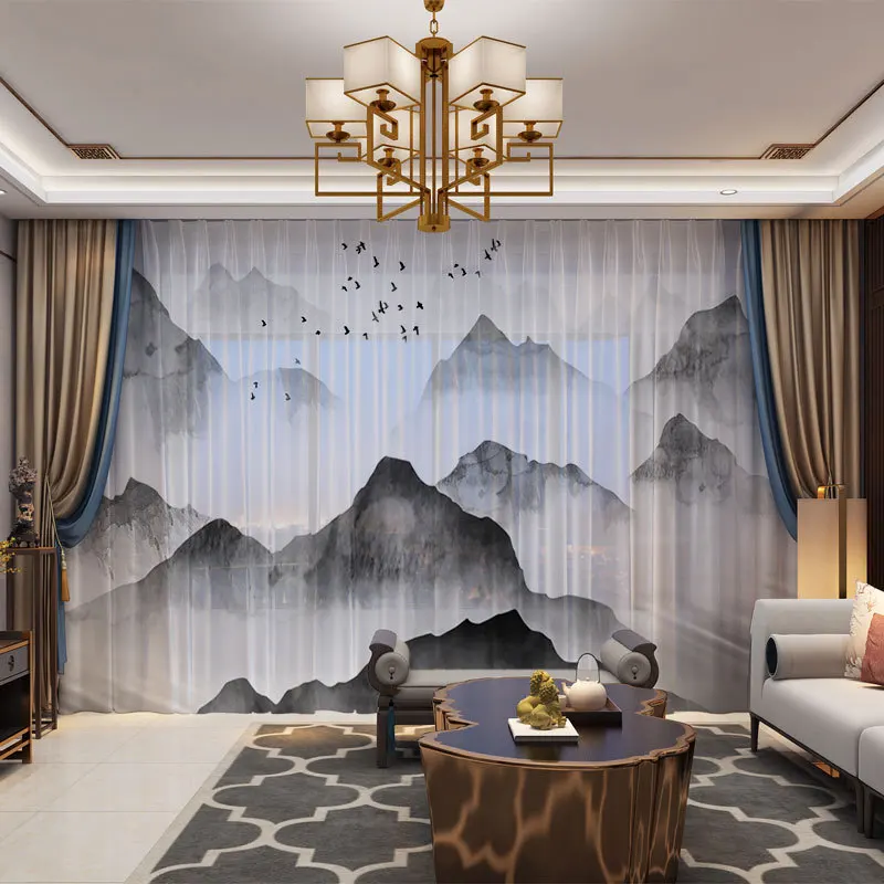 Шторы с изображением гор и пейзажа в китайском стиле занавески драпировкой на