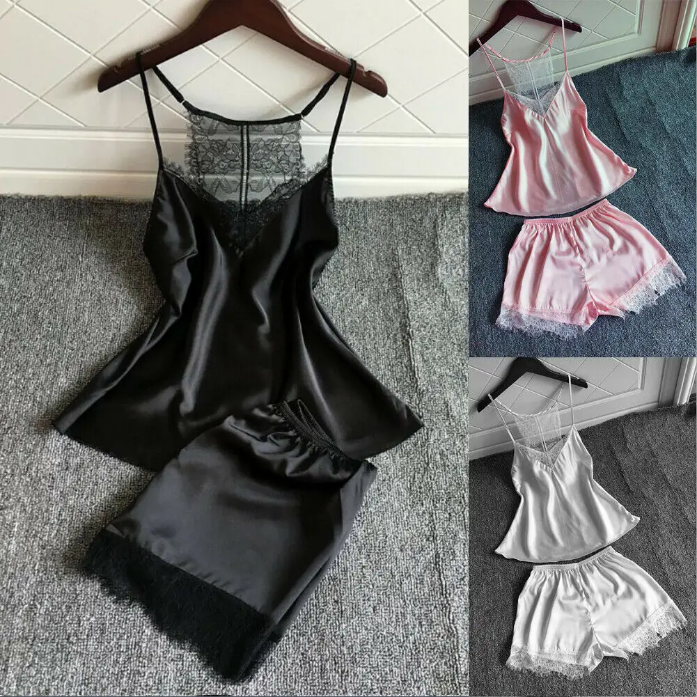 

Women's New sexy sleeveless lace solid silk pajama sets 2020 summer hot sale elegant Nightdress Sleepwear female