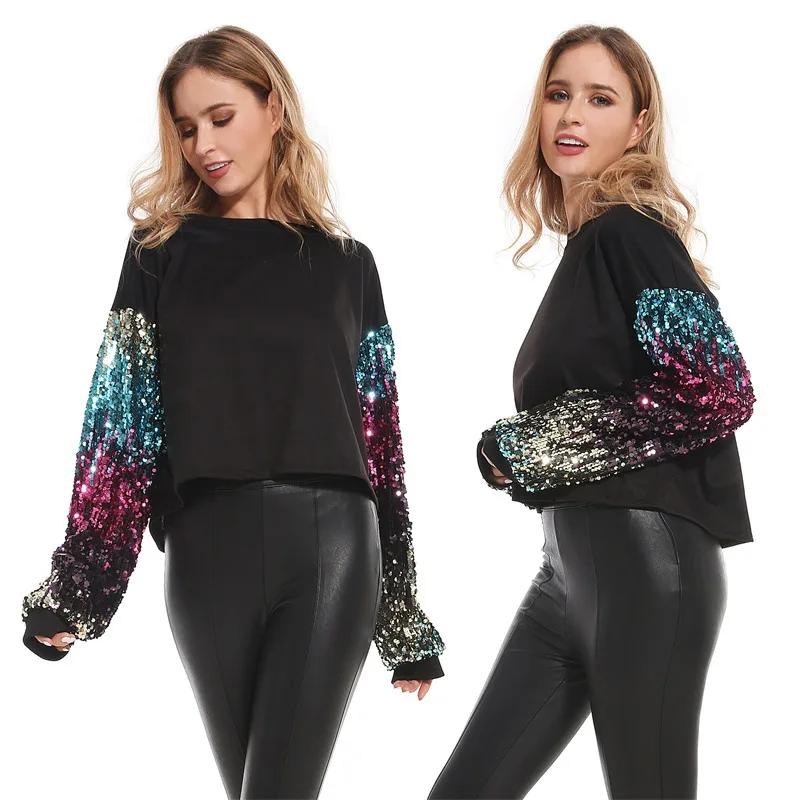 Женский свитер с блестками и длинным рукавом повседневный пуловер открытыми