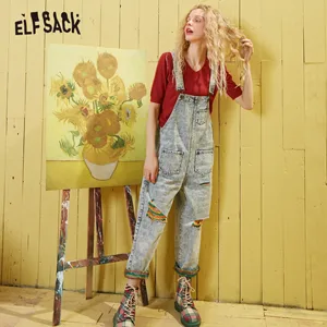 Женский Повседневный Комбинезон ELFSACK, Синий Свободный комбинезон с потертостями, с карманами, в Корейском стиле, весна 2020