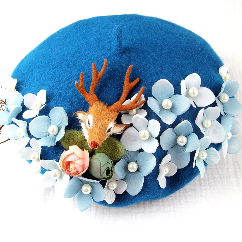 

Small Deer Beret Hat Cute girl winter casual fashion Flower painter cap women wool warm hat wholesale New 2021