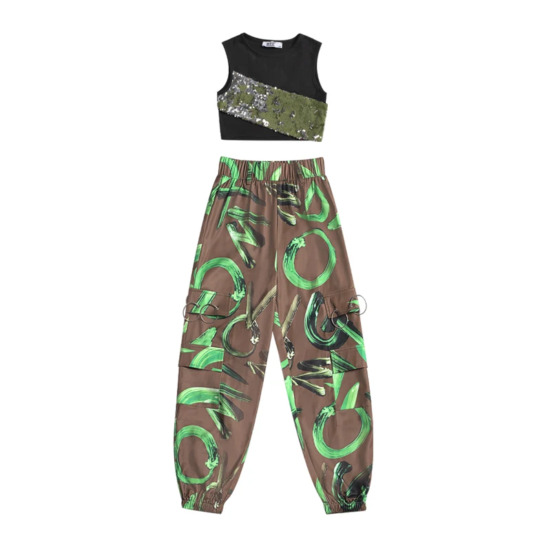 

Kids Jazz Dance Performance Stage Costume Green Sequin Black Vest Child Hip Hop Long Pants Girls Street Dance Clothing DQL5424