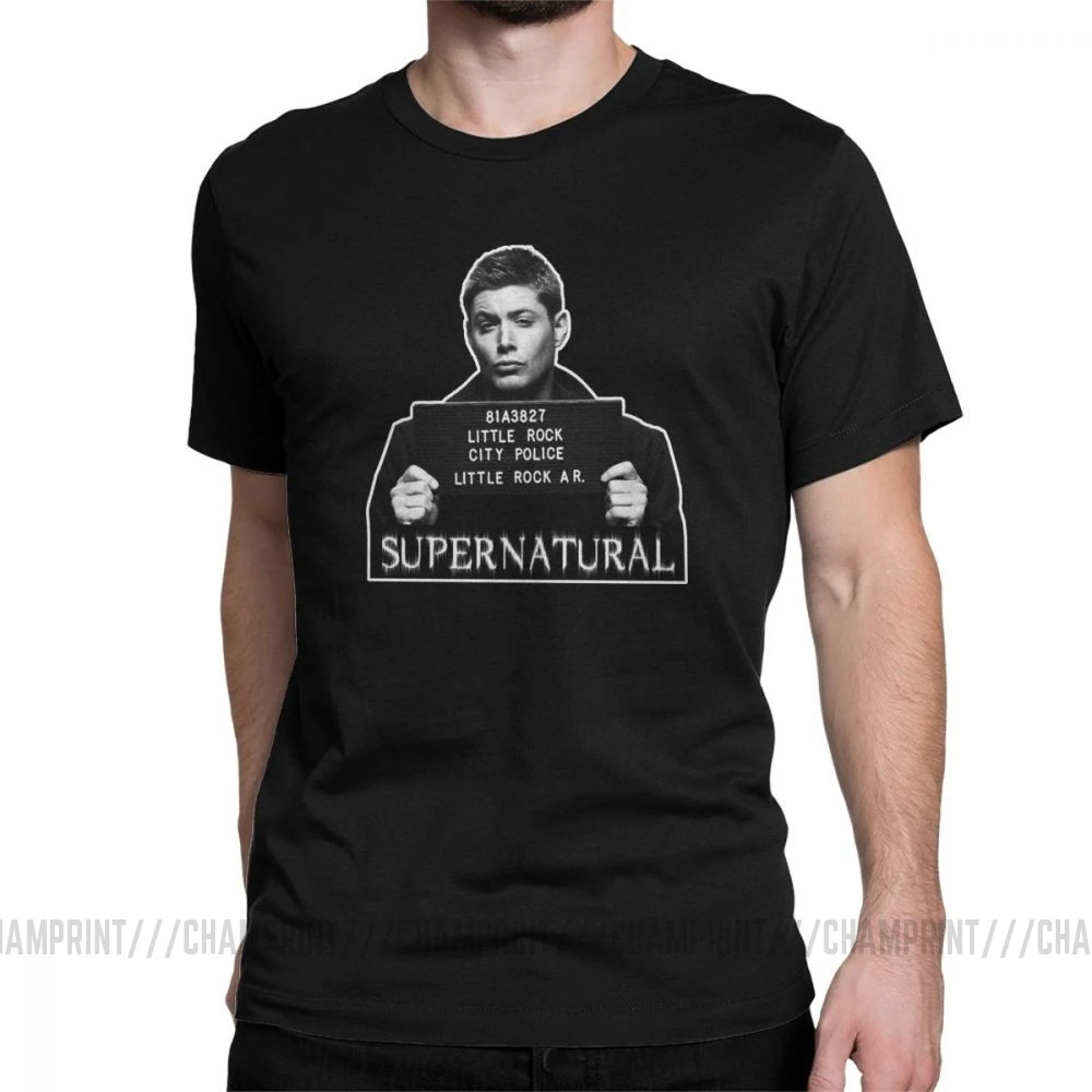 Dean Mugshot футболка Сверхъестественное SPN Brothers футболка мужские топы размера плюс забавная футболка с круглым вырезом из чистого хлопка - Цвет: Черный