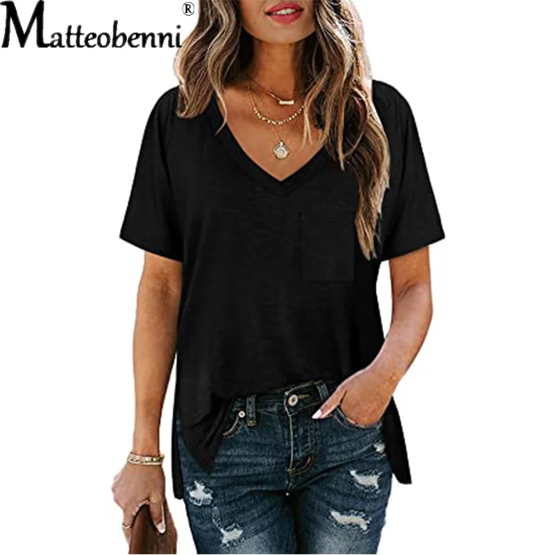 

Solid Color Pocket Women T Shirt 2021 New Summer Slub Cotton White Short Sleeved Split Hem Fashion Street Hipster Ladies Tee 2XL