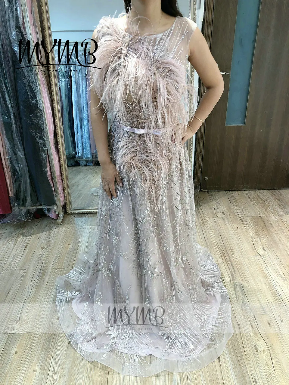 

MYMB 2021 New Collection Couture Lace Evening Gown For Wedding And Party Elegant A Line Pink Feather Formal Gown MY31125