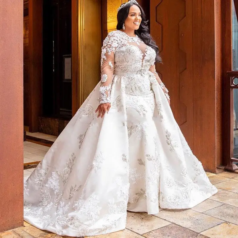 

Plus Size Mermaid Lace Wedding Dresses With Detachable Train Jewel Neck Beaded Long Sleeves Bridal Gowns Tulle Vestido De Novia