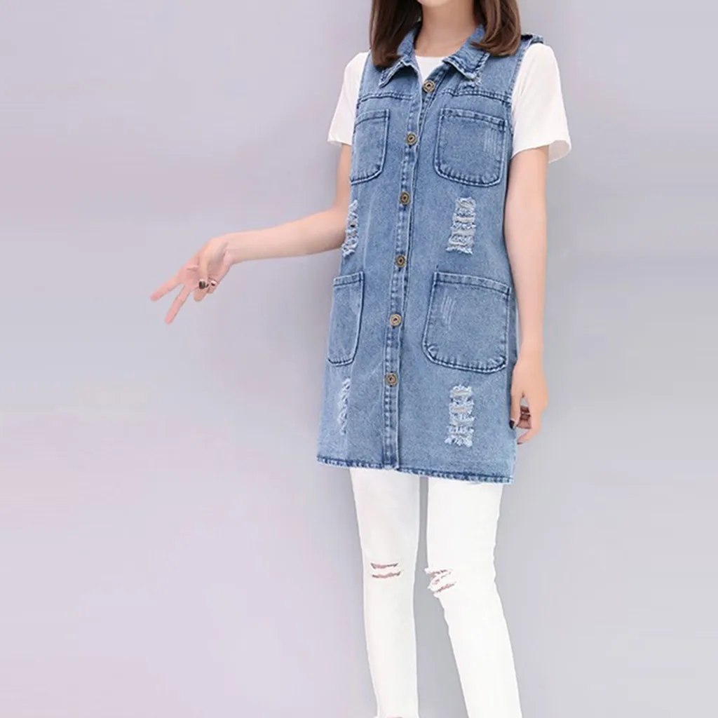 

Women New Style Spring And Autumn Denim Vest Loose Long Denim Casual Solid Pockets Blue Color Button Vest Jacket