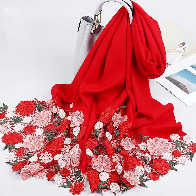 Женский шерстяной шарф с вышивкой красные палантины и шали из 100% натуральной