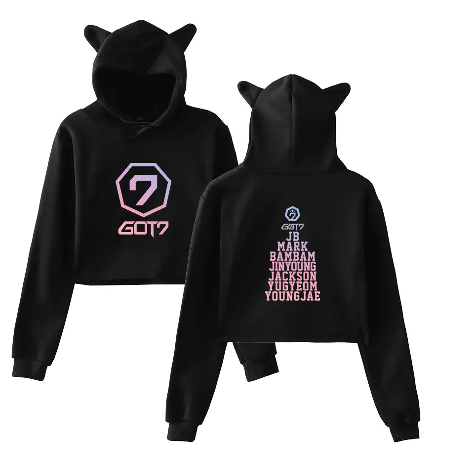 

New GOT 7 Kpop Clothes Fashion Oversized Hoodies Cat Ear Long Sleeve Cropped Hooded Sweatshirts Pullovers Tops Sudadera Mujer
