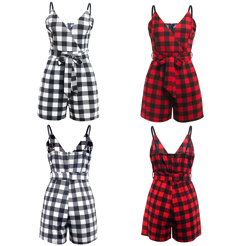 

Women Summer Elegant Plaid Print Sleeveless Playsuit Deep V Neck Casual Sling Party Jumpsuit Backless Lace Up Rompers Vintage