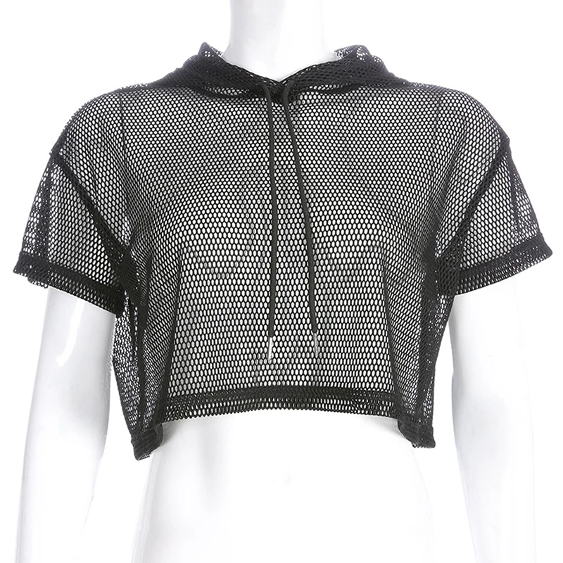 Футболка с короткими рукавами для женщин сетчатый топ капюшоном вырезами