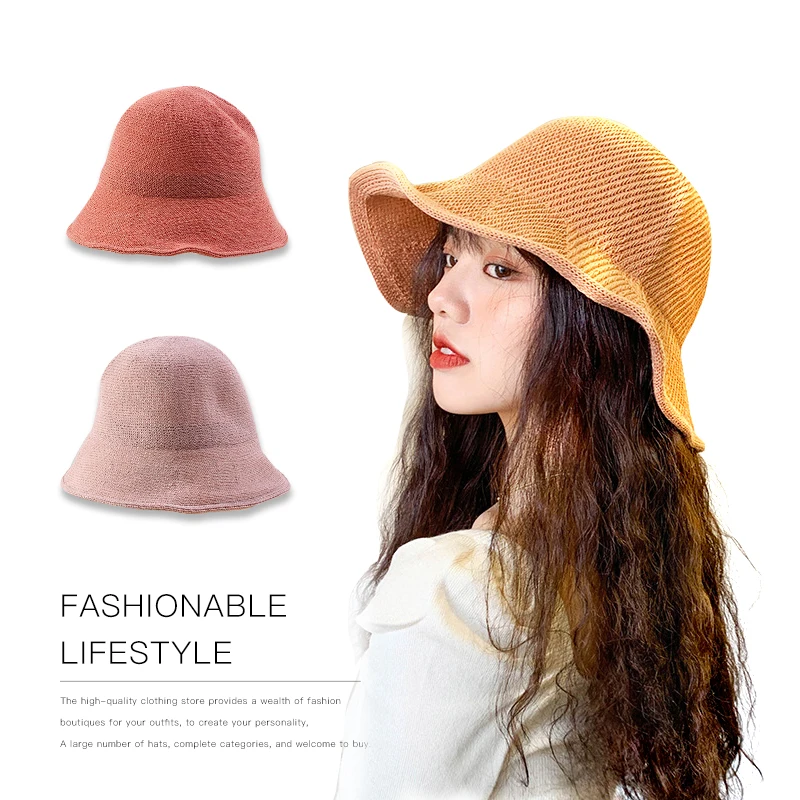 New fisherman hat female knitted Japanese art beach Korean outdoor folding basin sunshade and breathable | Аксессуары для одежды