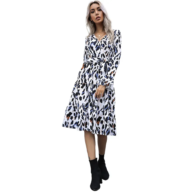 

Women's Spring And Autumn Leopard Print Slim Belt V-neck Dress 2021 Casual Flared Sleeve Midi Dress Party Beach Vestidos Dresses