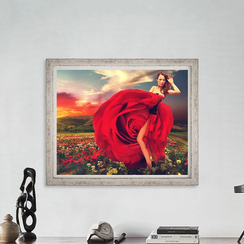 

5D DIY Diamond Embroidery Beauty Girl Red Rose Picture of Rhinestones Diamond Painting Cross Stitch Peony Needlework Gift