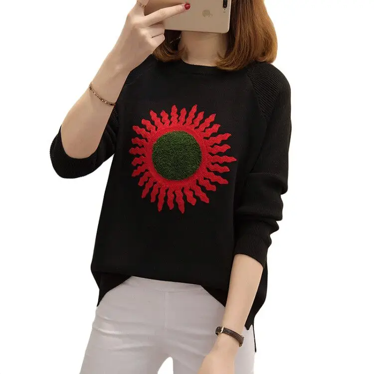 Large Size XL-4XL Flower Embroidery Pullover Sweater Women's 2019 New Autumn Winter Long Sleeve Round Neck Ladies Loose Sweaters | Женская