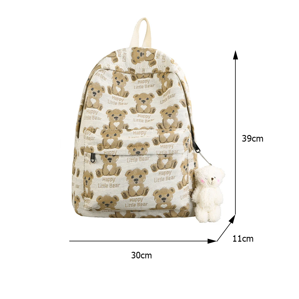 

Preppy Style Women Canvas Cartoon Bear Printing Backpack Casual Ladies Large Capacity Rucksack Cute Bear Decoration Backpack