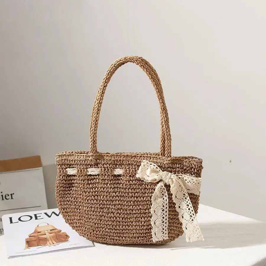 

Casual Lace Bowknot Woven Tote Bags For Women Bohemia Straw Weave Women Shoulder Bag Summer Beach Straw Handbag Women's Bag 2021