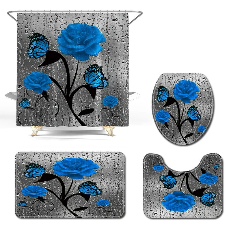 

Bath Mat Microfiber Shower Curtain Bathroom Carpet Set Anti Slip Mats for Bathroom Water Absorbent Rug Suit Flower Printing