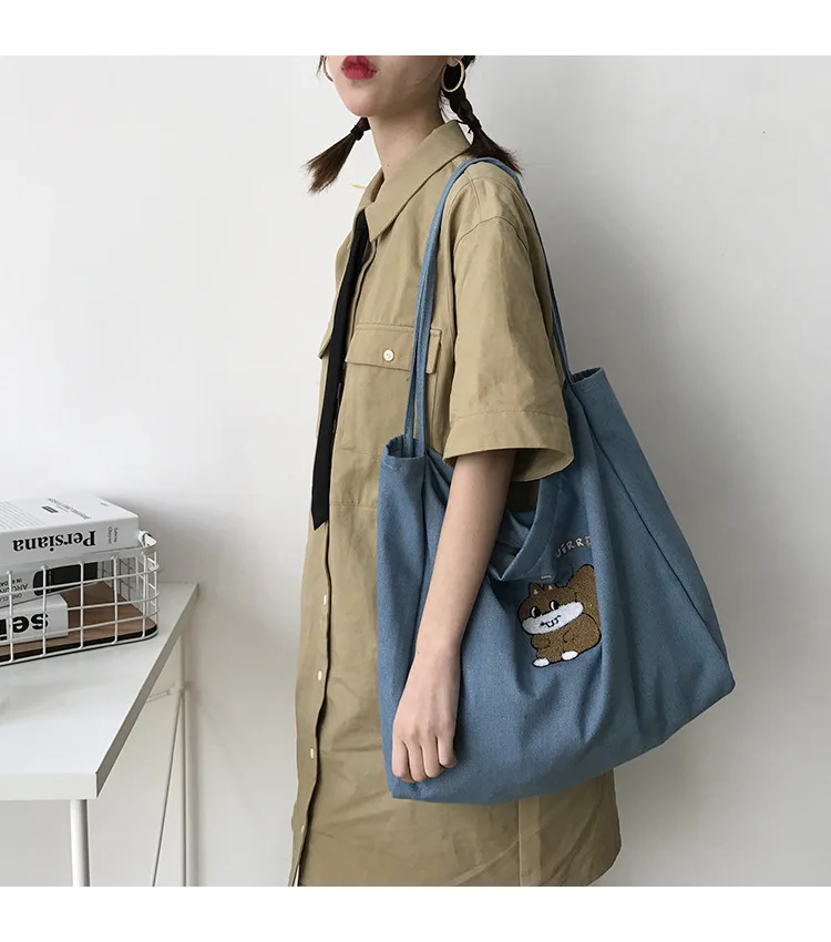 Новинка 2020 весенние холщовые синие сумки через плечо с животными вместительная