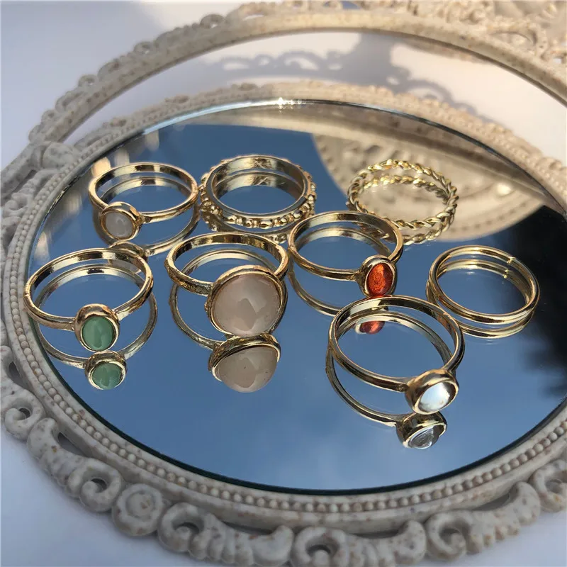 

2021 New Korea 8pcs/set Vintage Colorful Stone Metallic Chain Trendy Geometry Hit Rings Set for Women Girls Jewelry