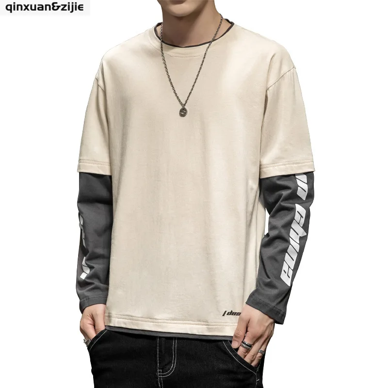 

Мужская футболка из 100% хлопка, с длинным рукавом, круглым вырезом, облегающая футболка из 2 предметов с принтом, базовые Топы высокого качест...