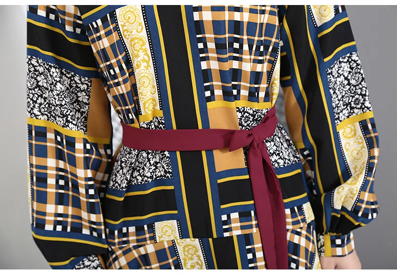 [EAM] Women Pattern Print Pleated Hit Color Dress New Stand Neck Long Sleeve Loose Fit Fashion Tide Spring Autumn 1A884