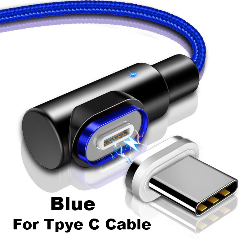 Магнитный usb-кабель для зарядки, 90 градусов, 3 А, быстрая зарядка, Micro usb type C, зарядное устройство для телефона, адаптер, освещение для iPhone, Xiaomi, USBC, провод - Цвет: For Type C Blue