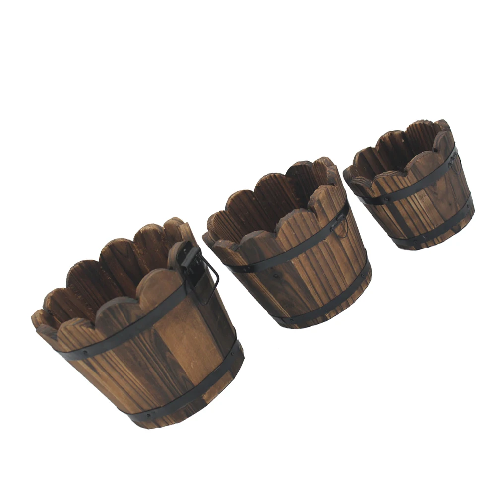 

3 Pcs Vintage Wooden Flower Pots Balcony Planting Bucket Barrels Plant Flower Tub Boxes Container Home Garden Decoration