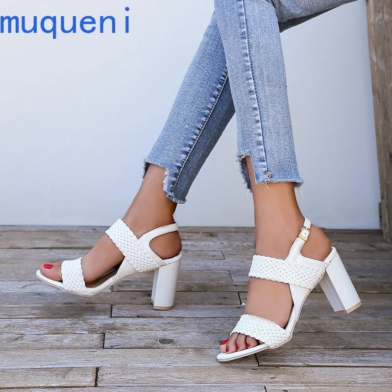 

2021 sexy high heels plaid open toe women shoes fashion strap thick high heel ladies sandals large size 34-44