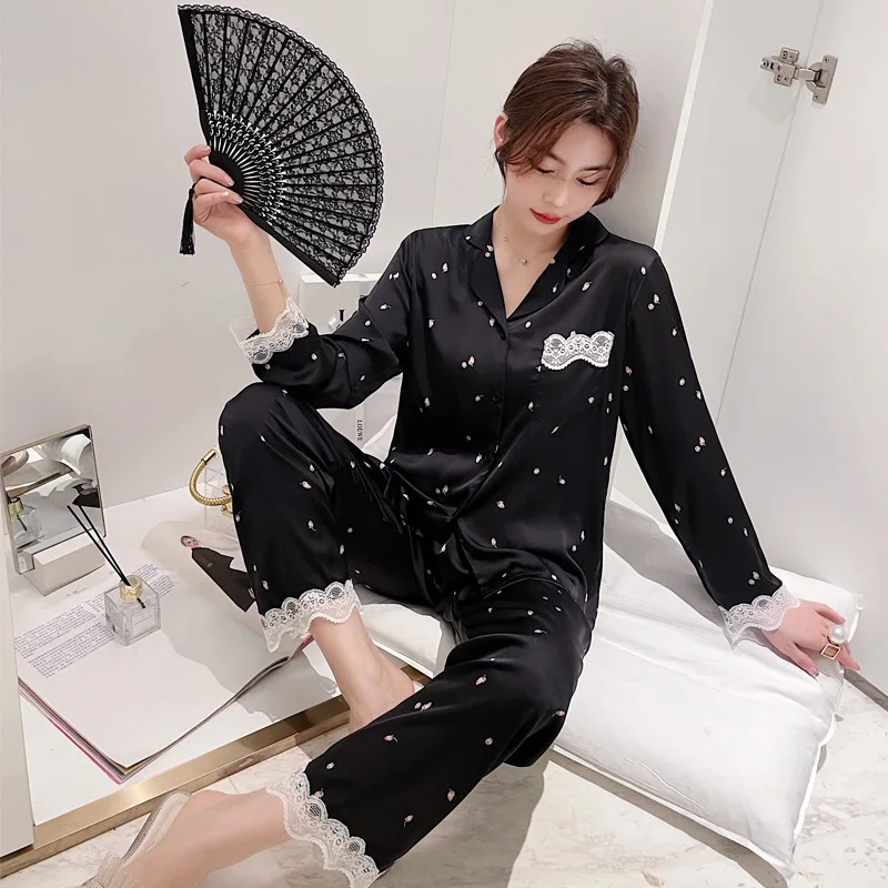 

Women Lace Trim 2PCS Pajamas Suit Black Shirt&Pant Nightwear Spring Autumn New Print Sleepwear Turn-down Collar Satin Home Wear