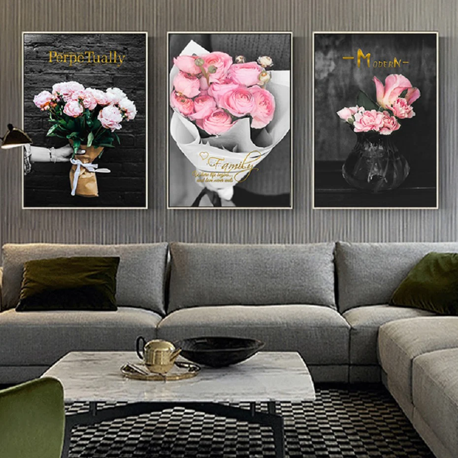 

Golden Modern Pink Rose Flowers Wall Art Canvas Paintings Black and White Wall Art Prints and Posters Living Room Home Decor