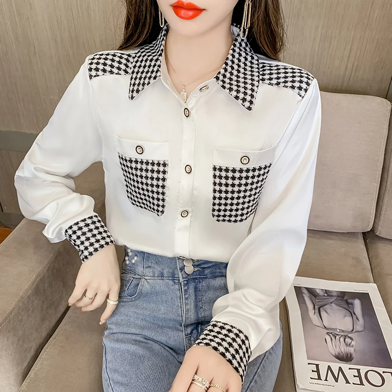 

Chiffon Women's Blouse Print Loose Polo Girl's Shirt Summer Fashion Plus Size Casual Long Sleeve Top Office Lady Houthion