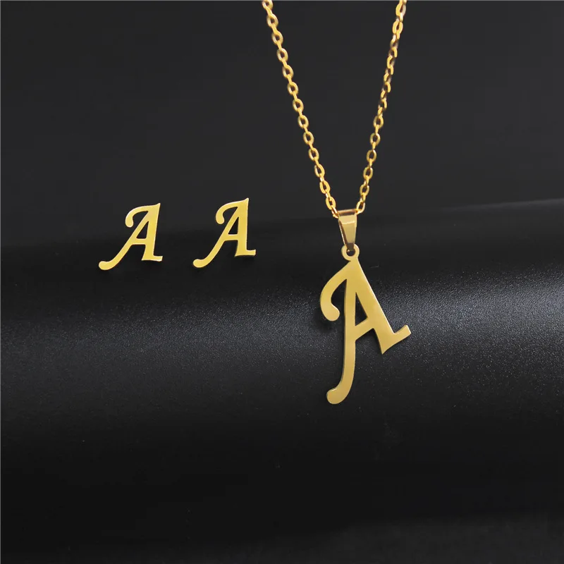 Купи Women's Initials Letter Necklace Earrings Set Dubai Gold Color Stainless Steel African Indian Wedding Jewelry Sets for Women за 197 рублей в магазине AliExpress