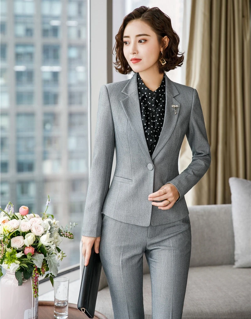 Новинка серые женские дизайнерские брючные костюмы с жакетом и брюками осенние